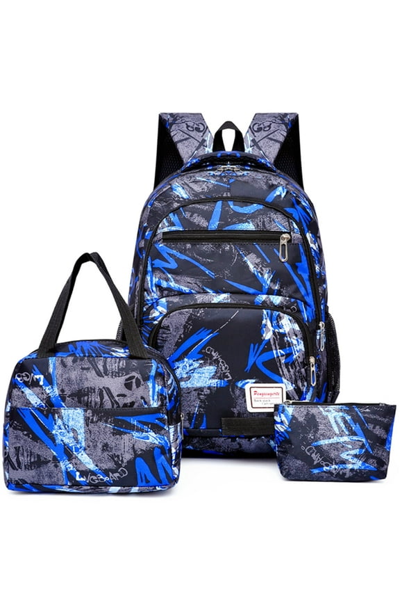 School Backpack for Boys Girls Fashion Printed School Bag Set with Lunch Bag and Pencil Case for Kids Teens, Blue