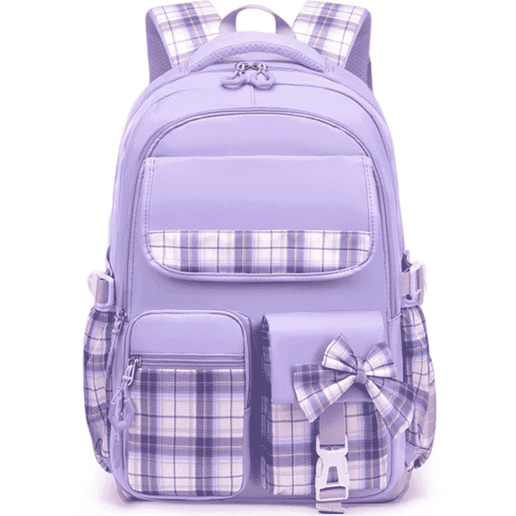 School Backpack for Girls, Bookbags Back Pack School Bag for Teen Girl Elementary Middle School Student, Cute Stylish Plaid Girls Backpack(Purple)
