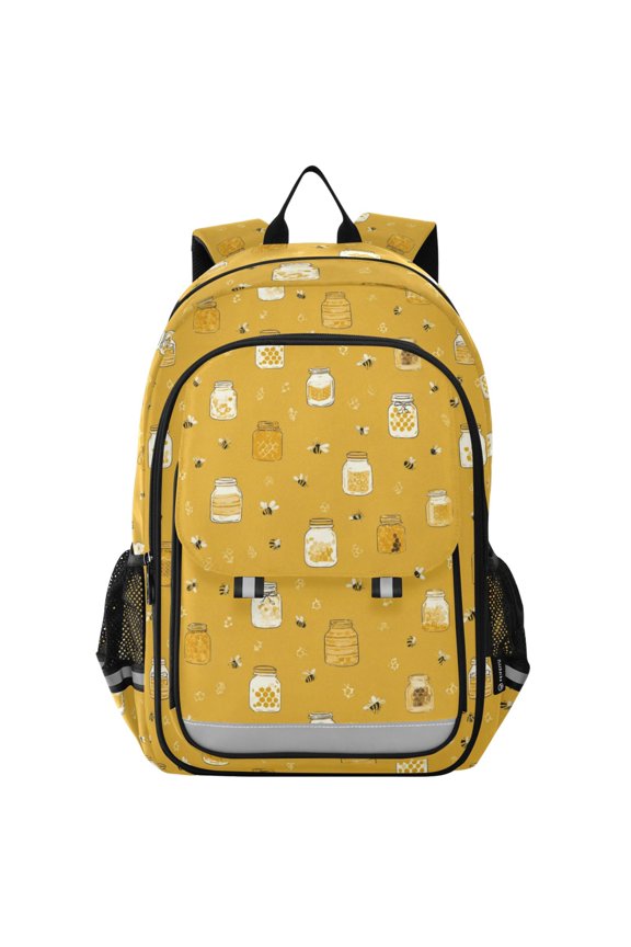 School Backpack for Teens 17L Lightweight Bookbag with Reflective Strips Honey Jars and Bees Pattern
