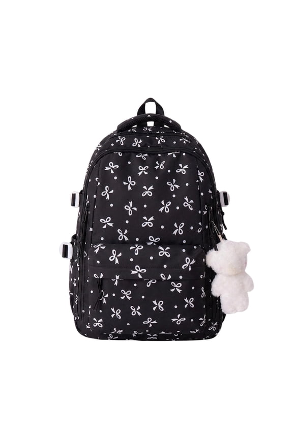 School Backpack for Teens Bowknot Pattern Teddy Bear Pendant Backpack Large Capacity Laptop Bag Commute Travel Daypack