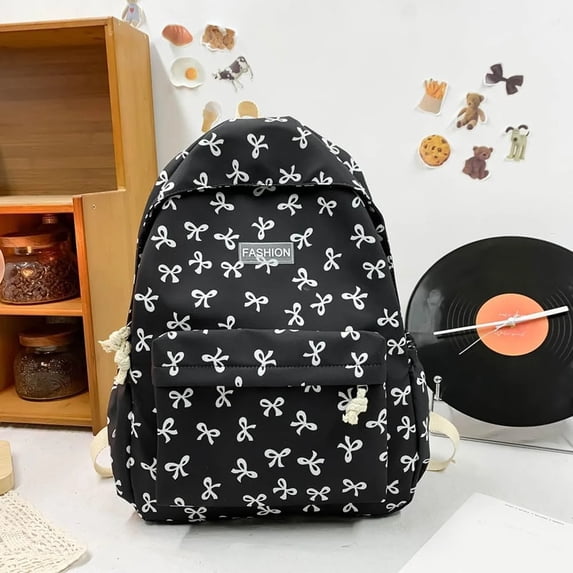 School Backpacks,Back To School Backpack,Bow Backpack - Coquette Aesthetic Nylon Rucksack Cute Kawaii Back Pack with Bow Pattern (Black)