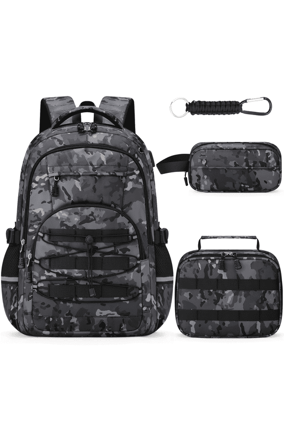 School Backpacks for Boys - 4pcs Camo Boys Backpacks with Lunch Box Set for Kids Teens Elementary Middle School, 18″ Large Capacity Students Bookbag, Perfect for Travel