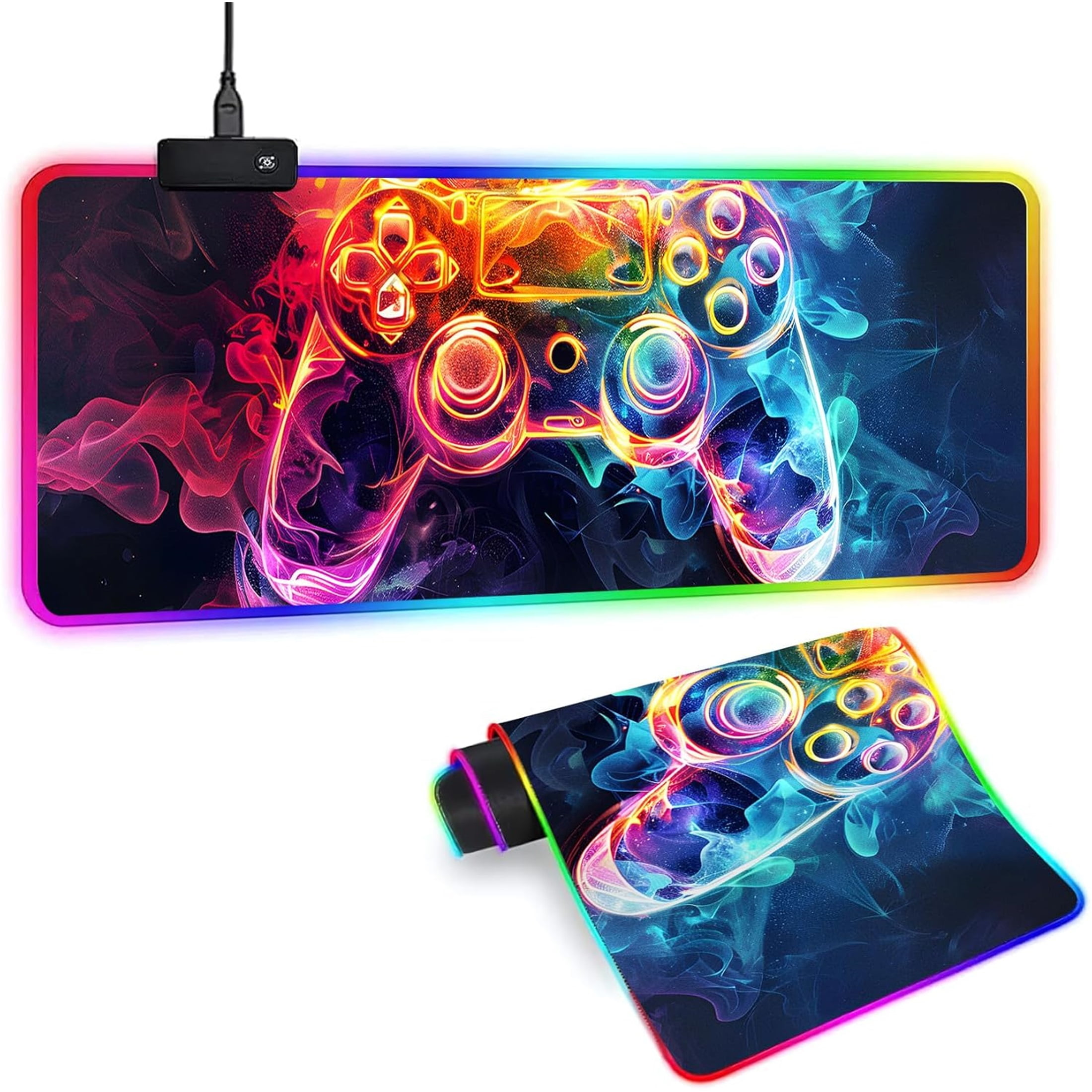 Alfombrilla de Ratón LED XL con 14 Modos de Luz - Alfombrilla Gamer Luminosa, 31.5 x 11.8in Antideslizante Estilo Gamepad RGB Grande, Negra Larga Brillante Accesorios para Escritorio, Impermeable