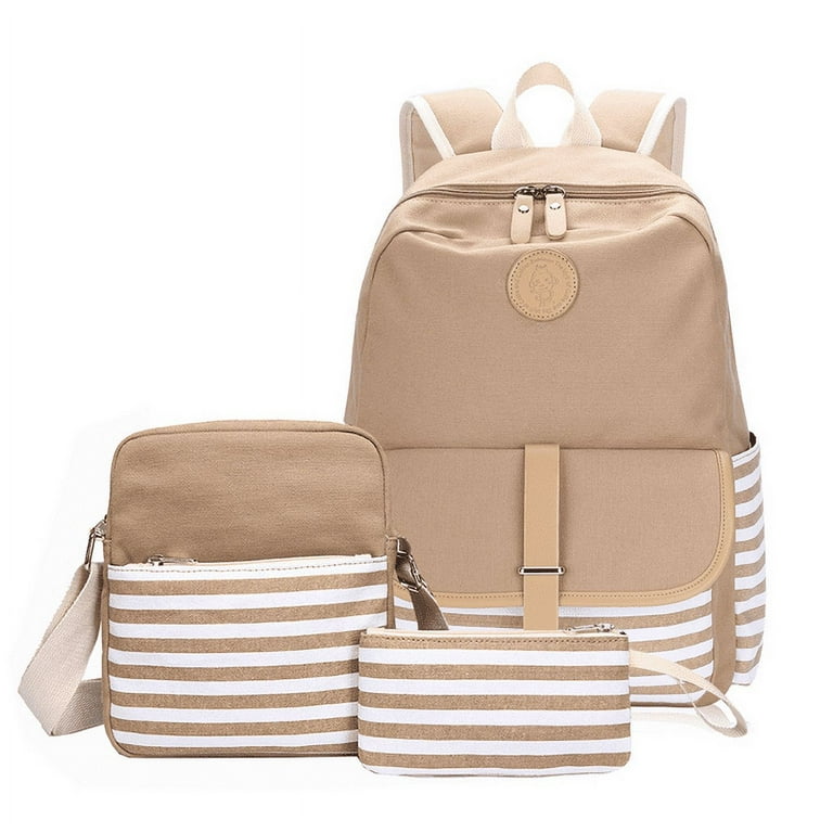 Chainplus School Backpacks for Women Girls Lightweight Canvas Stripe Backpack Cute Teen Bookpacks Set Bookbags+Insulated Lunch Bag+Pouch (Khaki)