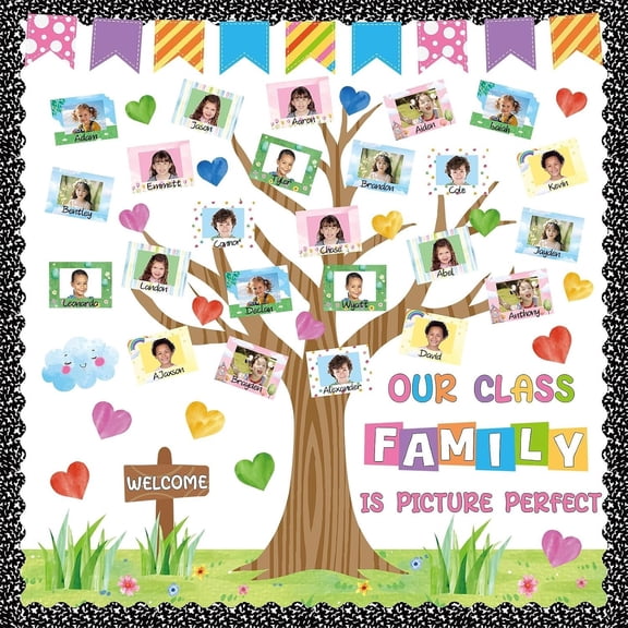 to School Bulletin Board Our Class Family is Picture  Bulletin Board Set Colorful Picture Frame Classroom Decor Composition Tree DIY Photo Crafts Cutouts for School Office Teacher Supplies