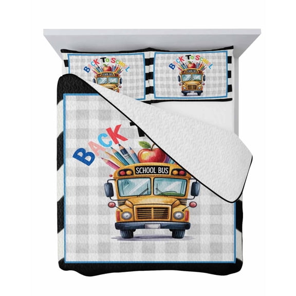 School Bus 3 Piece Quilt Set Twin Size, Holiday Colorful Pencils Rustic Black Gray Gingham Background Soft Bedspread Coverlet Bedding Set Microfiber Comforter Set with 2 Pillowcases for Bedroom