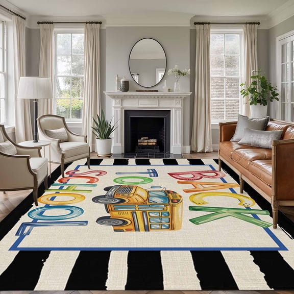 School Bus 6'x9' Rug for Dining Room Table and Chair Setup, Watercolor Back To School Yellow Bus Black White Stripe Linen Low Pile Washable Non Slip Rectangle Area Rug for Living Room