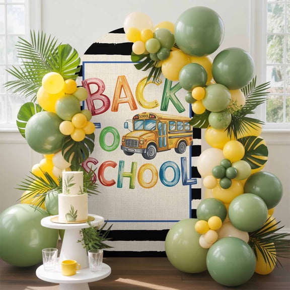 School Bus Arch Backdrop Cover, 5FT, Watercolor Back To School Yellow Bus Black White Stripe Linen Spandex Arch Covers Double-Sided Backdrop for Wedding Birthday Party Photo Background Decoration