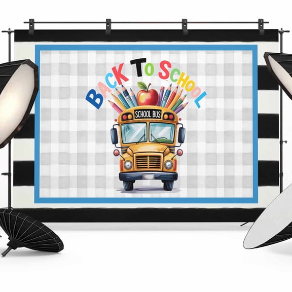 School Bus Backdrops for Photography, Colorful Pencils Red Fruit Rustic Buffalo Plaid Fabric Photo Background Sturdy Studio Props for Photo Studio, Video Recording, Booth & Photoshoot 7x5ft