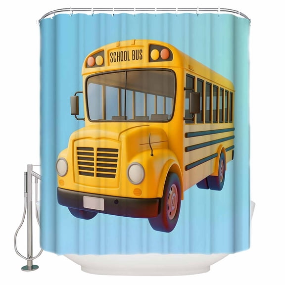 School Bus Bathroom Shower Curtains with 12 Hooks Polyester Waterproof Shower Curtain for Stalls and Bathtubs Cartoon Funny Yellow Transportation Truck Blue Decorative Bathroom Curtain 36x72 Inches