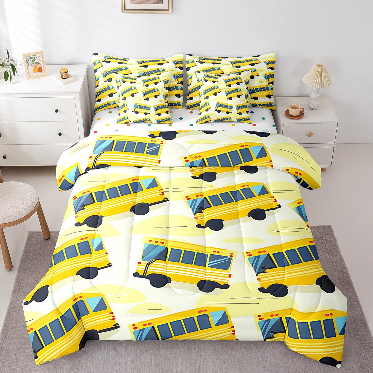 School Bus Bed in a Bag 7 Pcs Twin Size Geometry Stripes Bedding Sets