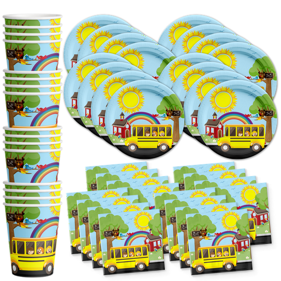 School Bus Birthday Party Supplies Set Plates Napkins Cups Tableware Kit for 16