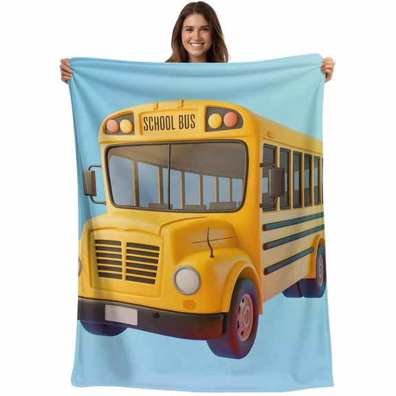 School Bus Blanket Soft Cozy Warm Throw Blanket for Couch, Plush Fuzzy Flannel Fleece Blankets for Sofa, Cartoon Funny Yellow Transportation Truck Blue Bed Blankets Lightweight Gifts for Men, 30"x40"