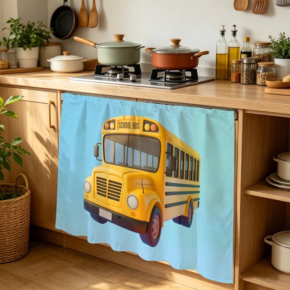 School Bus Cabinet Curtains 35''x35'', Cartoon Funny Yellow Transportation Truck Blue Sink Base Skirt for Bathroom Vanity Kitchen Laundry, Privacy Drape Waterproof Closet Dishwasher Curtains