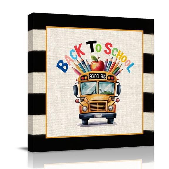 School Bus Canvas Wall Art for Living Room, Colorful Pencils Red Fruit Rustic Vintage Striped Poster Print Painting for Bedroom Office Home Decoration Wall Pictures Prepare To Hang 10"x10"