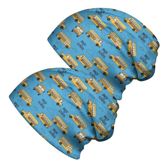 School Bus and Clouds Blue Pattern 2 Pack Slouchy Beanie Hat, Sleep Head Cover with Stretchy Fabric & Soft Texture, Lightweight Flexible Gifts for Birthday Christmas Thanksgiving