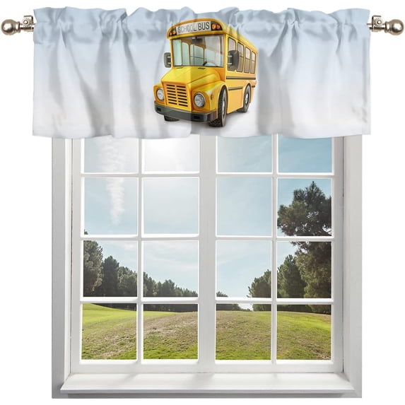 School Bus Curtain Valances for Windows Treatment Tier Curtains, Modern Yellow Truck Back to School Curtain Short Valance Curtain Rod Pocket Curtains for Kitchen Living Room, 54x18 in
