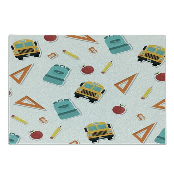 School Bus Cutting Board, Back to Academics Back Pack Elements Ruler Pencil Sharpener and Apples Useful, Decorative Tempered Glass Cutting and Serving Board, in 3 Sizes, by Ambesonne