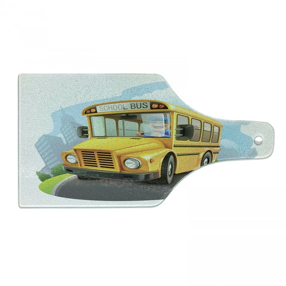 School Bus Cutting Board, Bus Driver Laughing and Driving Cartoon Funny Drawing Wheels on the Road, Decorative Tempered Glass Cutting and Serving Board, in 3 Sizes, by Ambesonne