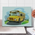 thumbnail image 1 of School Bus Cutting Board, Bus Driver Laughing and Driving Cartoon Funny Drawing Wheels on the Road, Decorative Tempered Glass Cutting and Serving Board, in 3 Sizes, by Ambesonne, 1 of 2