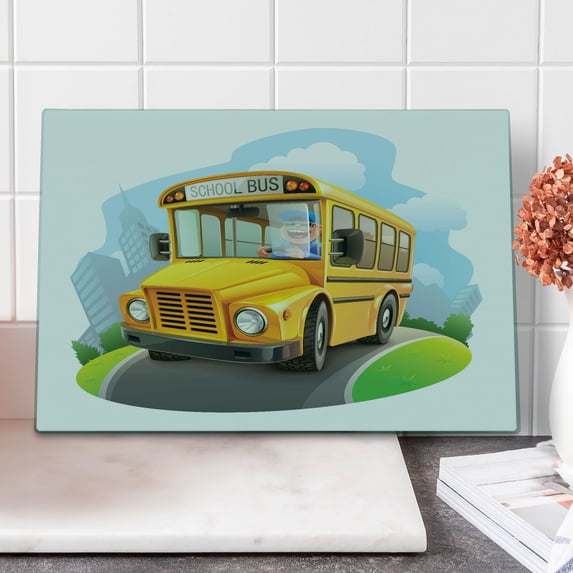 School Bus Cutting Board, Bus Driver Laughing and Driving Cartoon Funny Drawing Wheels on the Road, Decorative Tempered Glass Cutting and Serving Board, in 3 Sizes, by Ambesonne