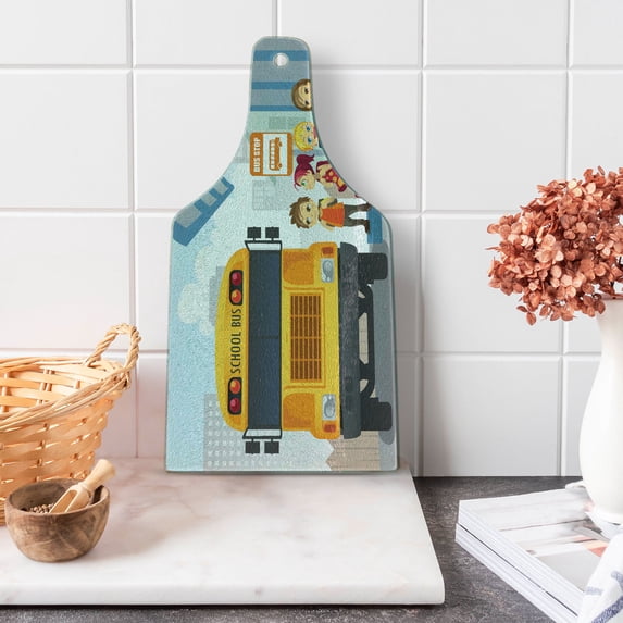 School Bus Cutting Board, Illustration of Little Ones Waiting at a Bus Stop Classmates Friends Youth, Decorative Tempered Glass Cutting and Serving Board, in 3 Sizes, by Ambesonne