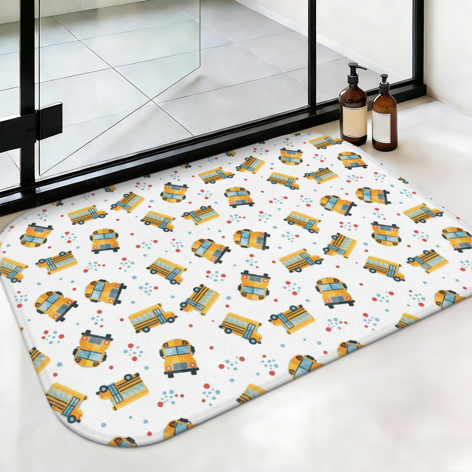 School Bus and Dots White Pattern Non-Slip Bath Mat, Bedroom Area Mat ...
