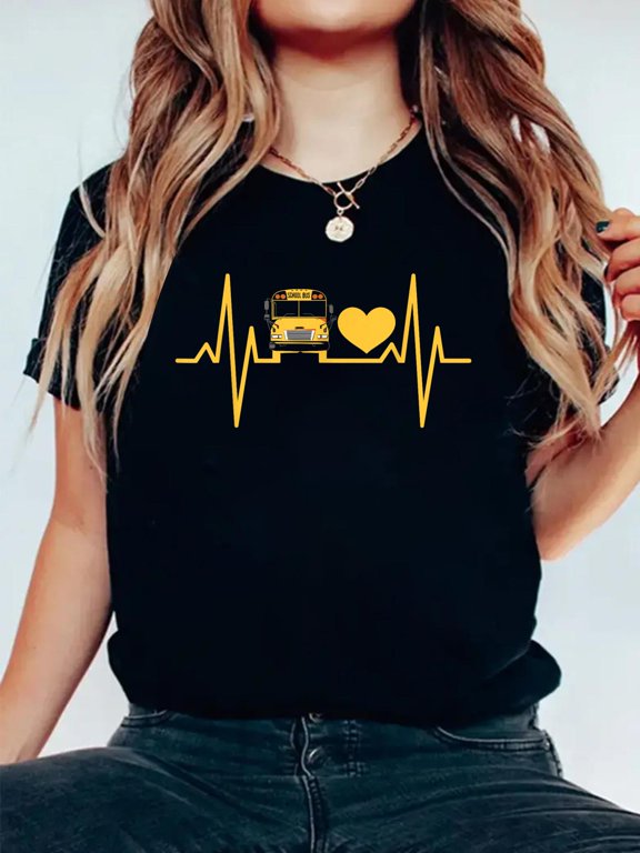 School Bus Driver Heartbeat T-Shirt Graphic Tee summer Tops For Women Round Neck Fashion Cotton shirts