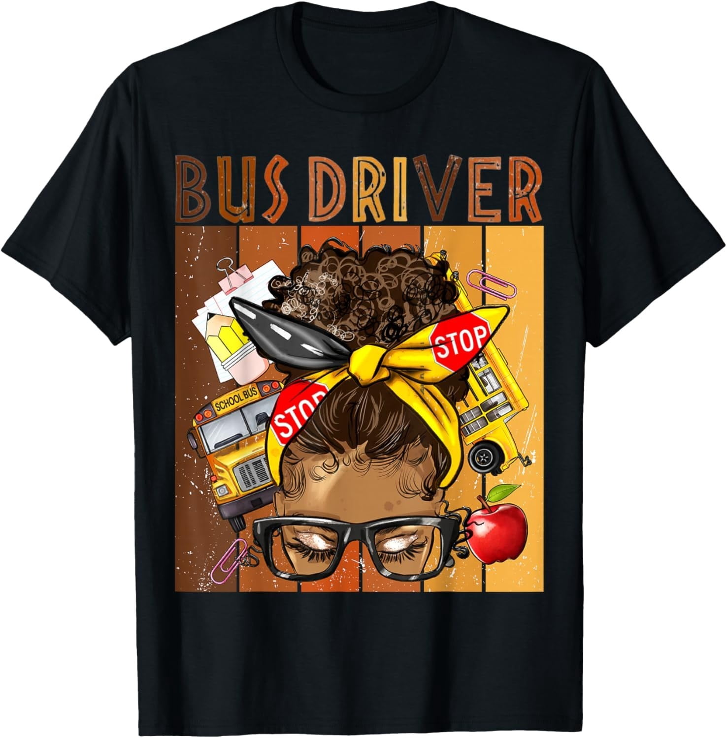 School Bus Driver Life Messy Bun Afro Arican Black Women T-Shirt ...