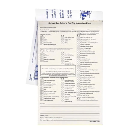School Bus Driver Pre-Trip Vehicle Inspection Form 5-pk. - 2-Ply Carbonless, 5.5" x 9.25", 31 Sets of Forms Per DVIR Book