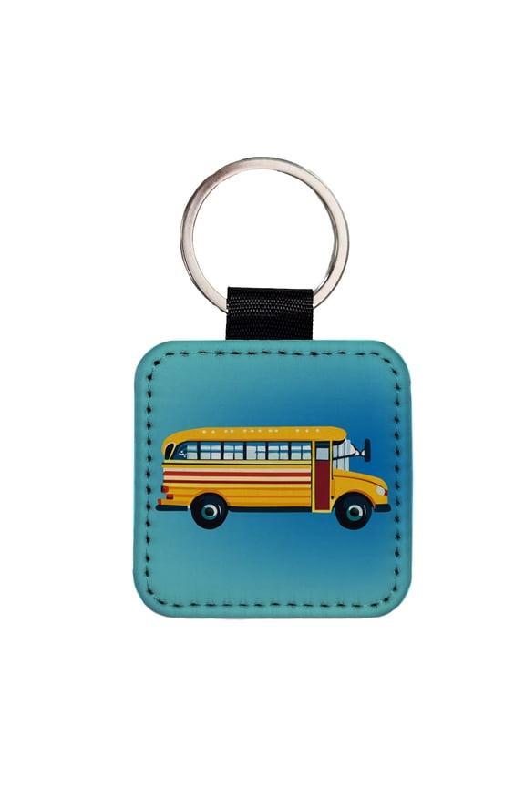 School Bus Faux Leather Square Keychain