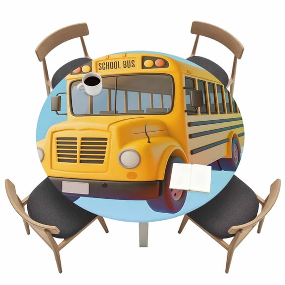 School Bus Fitted Tablecloth with Elastic Edged, Round Table Cloth for Dining Table, Cartoon Funny Yellow Transportation Truck Blue Waterproof Oil Proof Table Cover for Indoor Outdoor 45"-54"