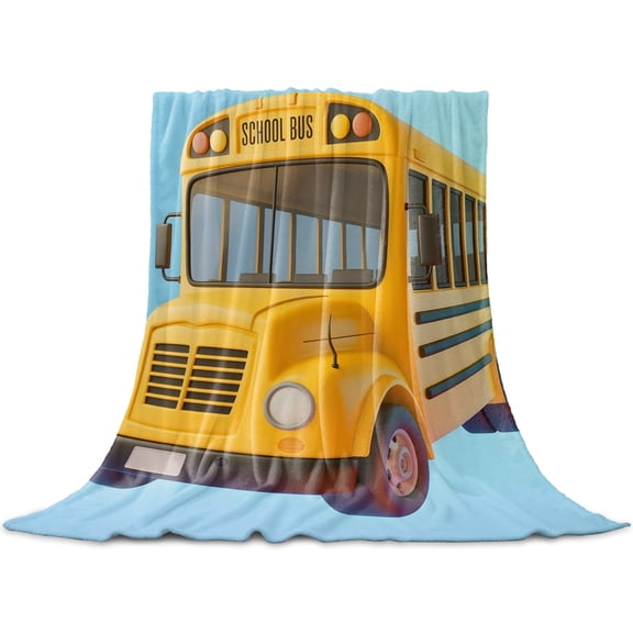 School Bus Flannel Fleece Throw Blanket for Couch Chair Sofa Bed, Lightweight Soft Blanket for Women Men, Cartoon Funny Yellow Transportation Truck Blue Warm Cozy Blankets for All Season 30" x 40"