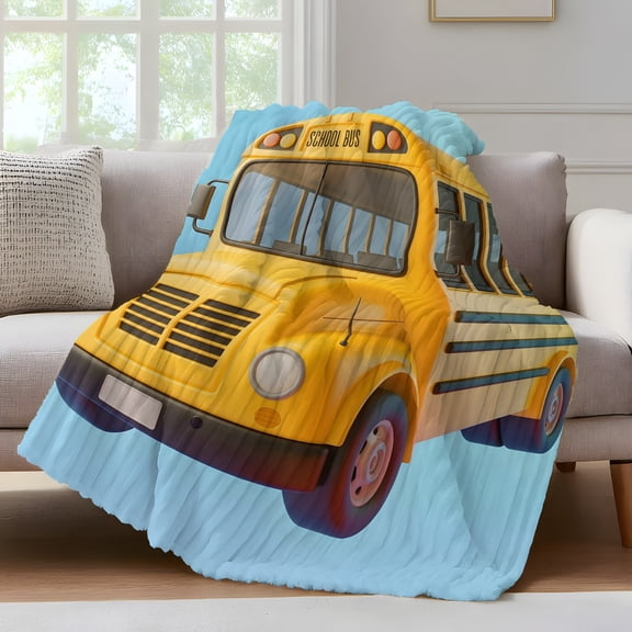 School Bus Fleece Throw Blanket for Couch, Cartoon Funny Yellow Transportation Truck Blue Microfiber Flannel Blanket for All Season, Lightweight Soft Throw Blankets for Bed, Sofa, Travel, 50"x60"