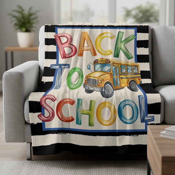 School Bus Fleece Throw Blanket Watercolor Back To School Yellow Bus Black White Stripe Linen Ultra Soft Fuzzy Cozy Flannel Throw Blanket for Couch Sofa Bed Car Travel, Ideal Gifts 30x40 Inches