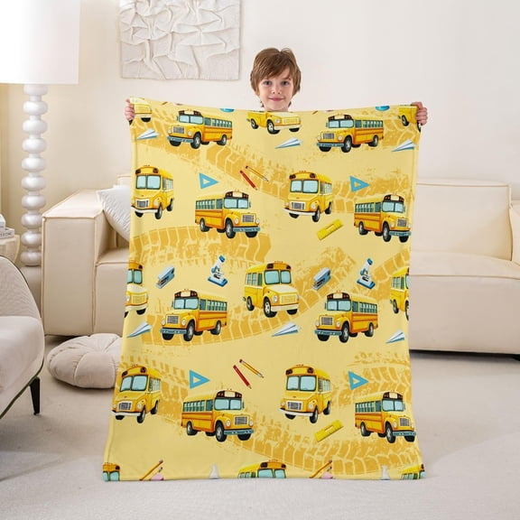 School Bus Fleece Throw Cartoon Truck Flannel Plush Fuzzy Yellow Transport Vehicles for Bed Couch Chair Living Room Baby Bedroom Decor 30" x 40"