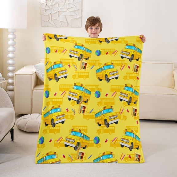 School Bus Fleece Throw Yellow Cartoon Truck Flannel Plush Fuzzy Transport Vehicles for Bed Couch Chair Living Room Twin Bedroom Decor 30" x 40"