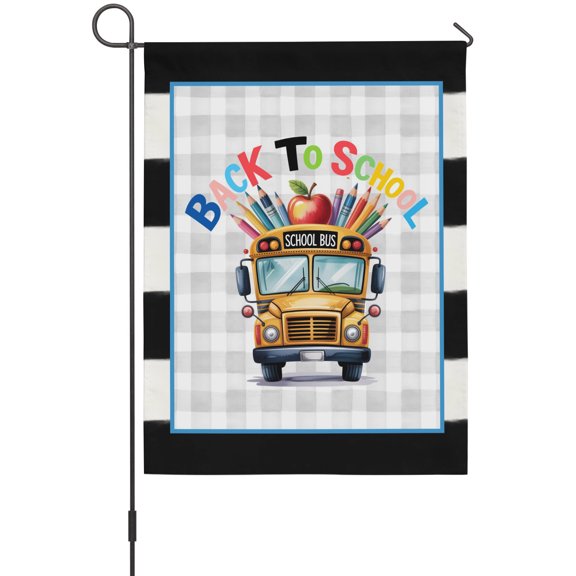 School Bus House Flag 28 x 40 Inches, Colorful Pencils Red Fruit Rustic Buffalo Plaid Weather Proof Outdoor Patio Flags Double Sided Small House Decoration for Yard Lawn Outside Home