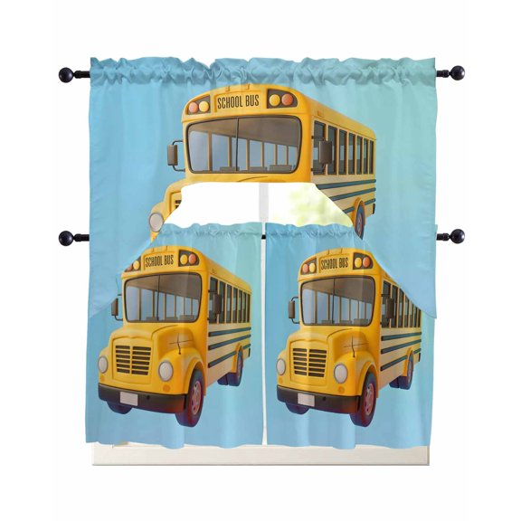 School Bus Kitchen Curtain and Valance Set 3 Pieces,Rod Pocket Short Tier Curtains 36 Inch Length,Cartoon Funny Yellow Transportation Truck Blue Swag Topper Small Window Treatment for Cafe Bedroom