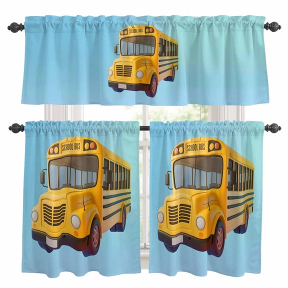 School Bus Kitchen Curtains Sets for Windows 24 Inch Length, Cartoon Funny Yellow Transportation Truck Blue Rod Pocket Window Treatments Tier Curtains and Valances Set for Bedroom/Bathroom