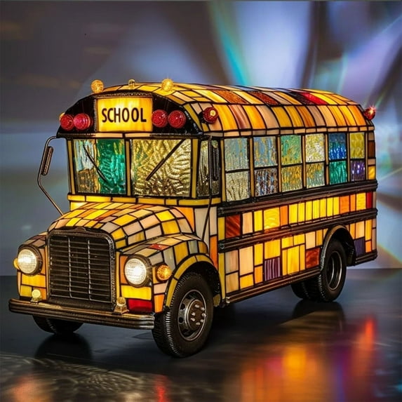 School Bus Lamp, Stained Resin Yellow Bus Tabletop Night Light Vintage Style Decorative Lighting, Stained Art Decor Table Lamp with Warm