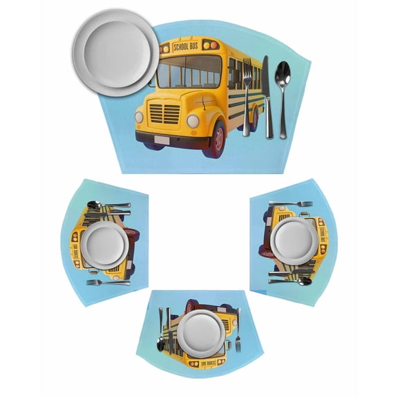 School Bus Round Placemats Set of 6, Cartoon Funny Yellow Transportation Truck Blue Placemats for Round Dining Table Shape Wedge Placemats for Outdoor Indoor Wipeable Clean Table Place Mats