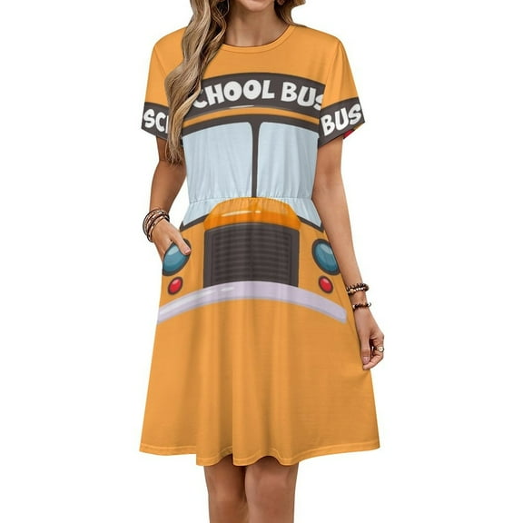 School Bus Short Sleeve Dress Women Summer Evening Dresses Ladies Sundress
