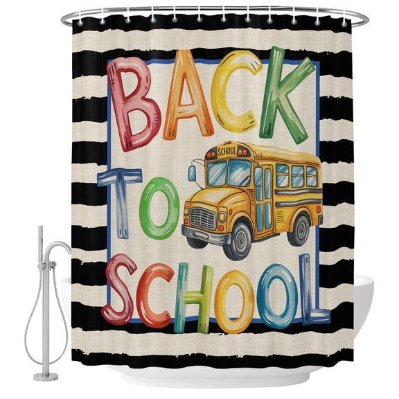 School Bus Shower Curtain for Bathroom, Watercolor Back To School Yellow Bus Black White Stripe Linen Waterproof Washable Shower Curtain Set with Hooks, Bath Decoration for Bathtub Stall 72"x72"