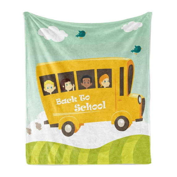 School Bus Soft Flannel Fleece Throw Blanket, Back to School Lettering with Boys and Girls Smiling Waving Happy Faces, Cozy Plush for Indoor and Outdoor Use, 50" x 60", Multicolor, by Ambesonne