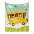 thumbnail image 1 of School Bus Soft Flannel Fleece Throw Blanket, Back to School Lettering with Boys and Girls Smiling Waving Happy Faces, Cozy Plush for Indoor and Outdoor Use, 60" x 80", Multicolor, by Ambesonne, 1 of 6