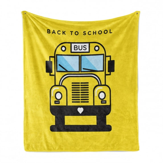 School Bus Soft Flannel Fleece Throw Blanket, Funky Illustration of 4 Wheel Transport, Cozy Plush for Indoor and Outdoor Use, 60" x 80", Yellow, by Ambesonne