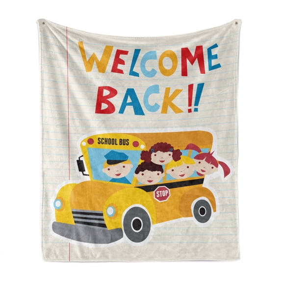 School Bus Soft Flannel Fleece Throw Blanket, Welcome Back Typography Children Looking out on Their Way to Learning Cartoon, Cozy Plush for Indoor and Outdoor Use, 50" x 70", Multicolor, by Ambesonne