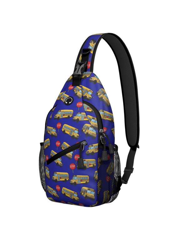 School Bus and Stop Signs Blue Pattern Sling Backpack, Unisex Cycling Crossbody Bag with Side Mesh Pockets, Earphone Hole Port Gift Ideas for Hiking Cycling Walking
