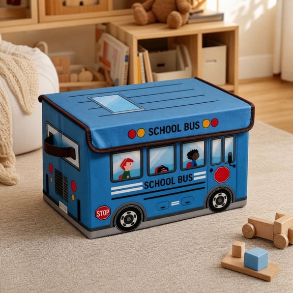 School Bus Storage Box with Lid, Cartoon Themed Storage Container with Handles for Kids Room, Playroom, Classroom, Blue